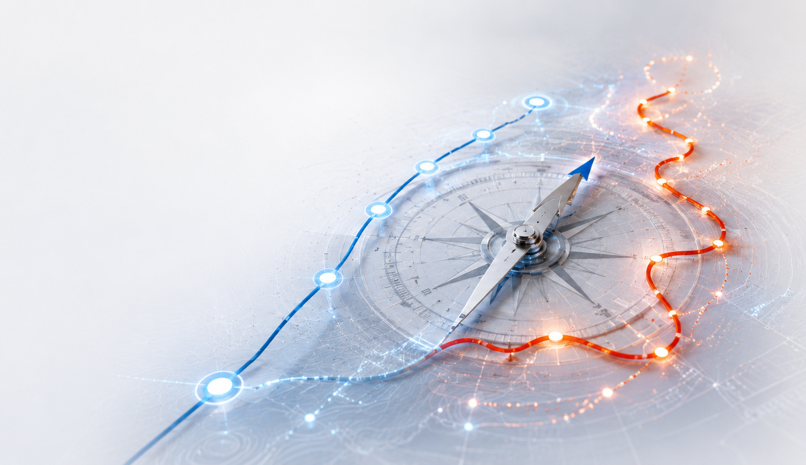 Navigation visual showing on-course and drifting-off-course program paths around a compass