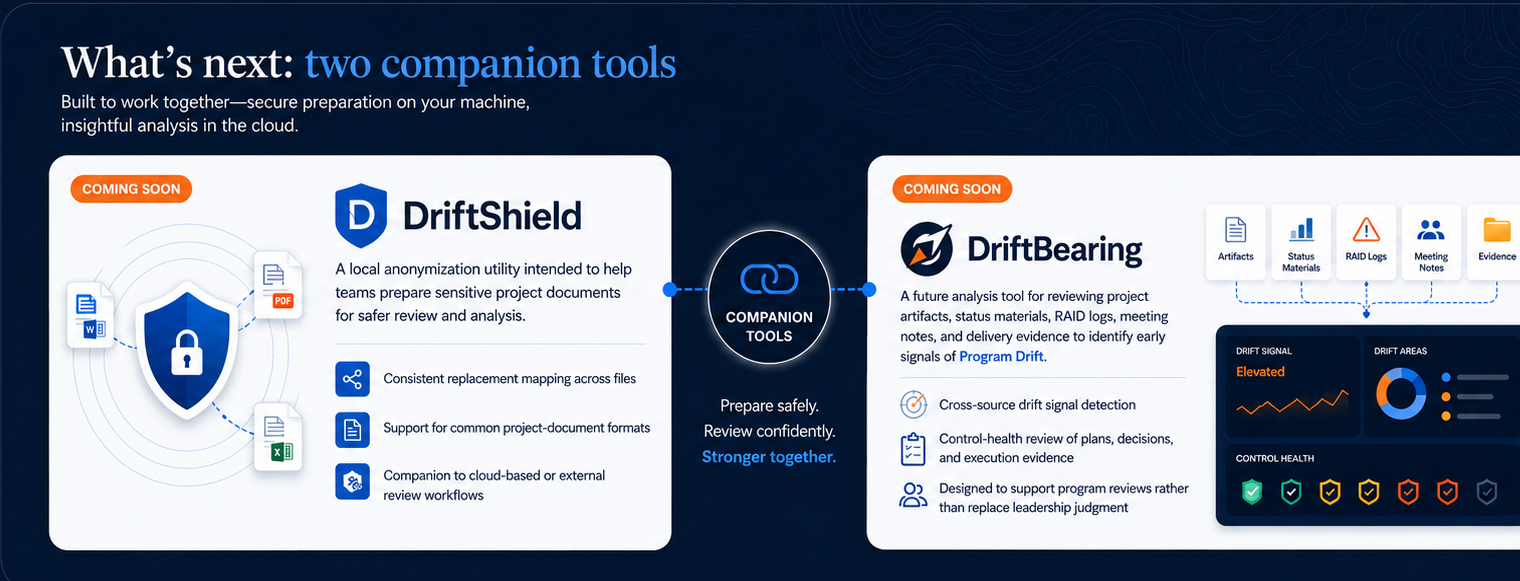 Visual showing two companion tools: DriftShield for secure local artifact preparation and DriftBearing for practical signal detection and review.